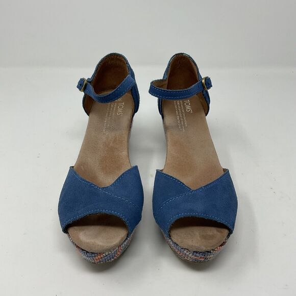 Toms Wedge Heel Shoes 7.5 Blue Suede Geometric Open Toe Sandals Ankle Strap - Picture 2 of 15